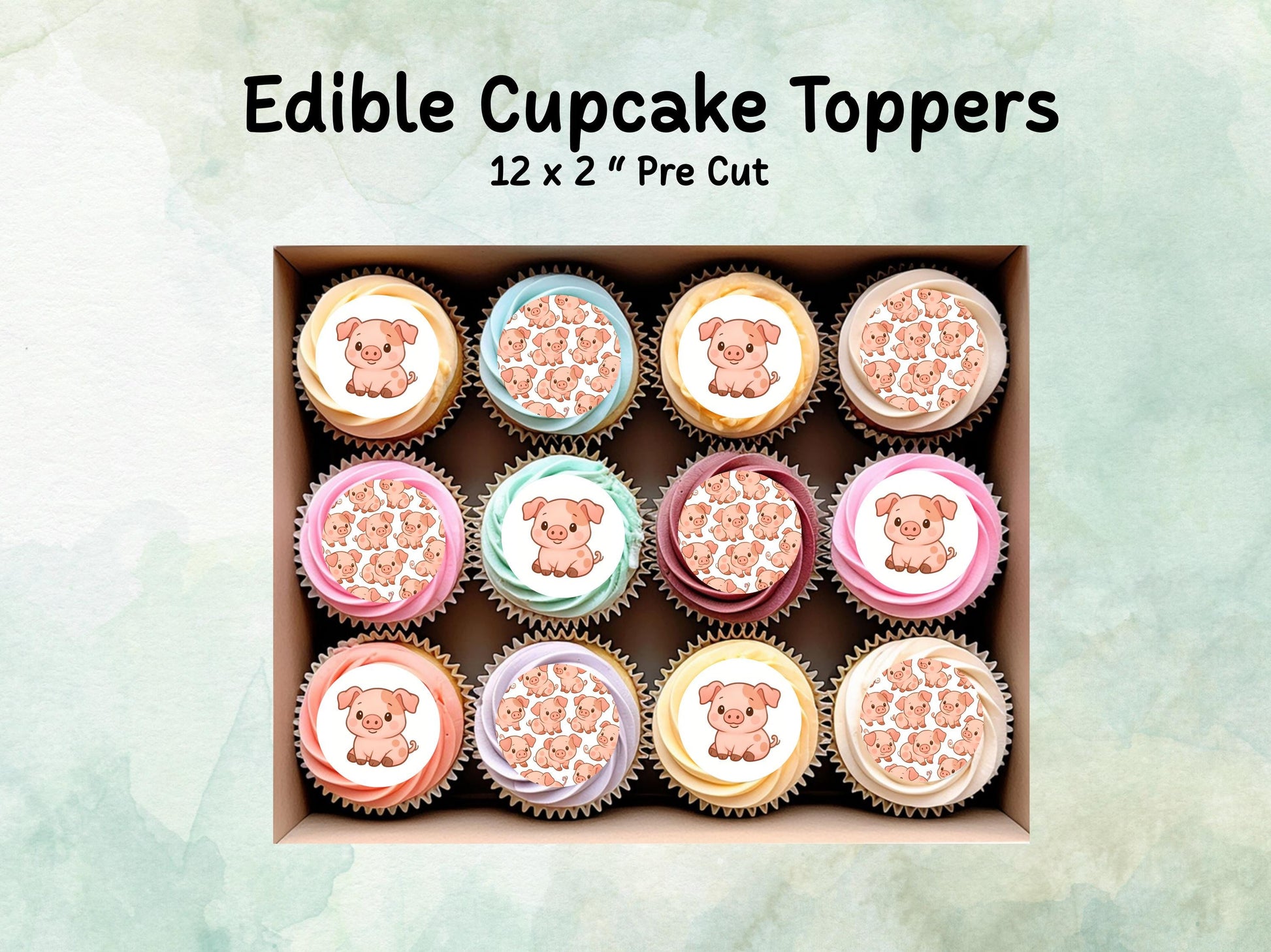 Cute Pig Edible Birthday Cupcake Toppers 12 x 2"– Pre cut Wafer Paper, Card or Icing Sheet