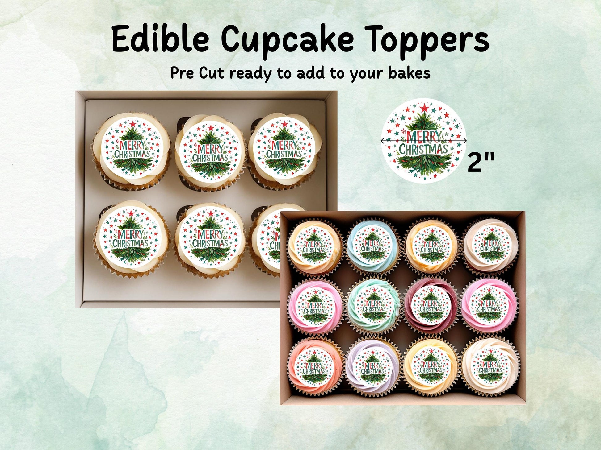 Merry Christmas Edible Cupcake Toppers 12 x 2" – Pre cut Wafer Paper, Card or Icing Sheet, Christmas Cake Topper