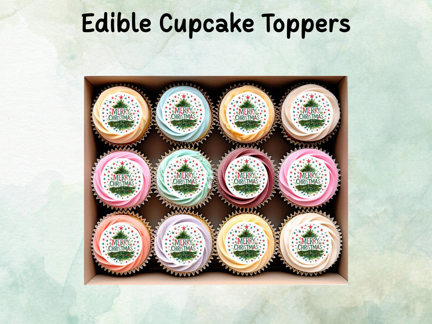 Merry Christmas Edible Cupcake Toppers 12 x 2" – Pre cut Wafer Paper, Card or Icing Sheet, Christmas Cake Topper