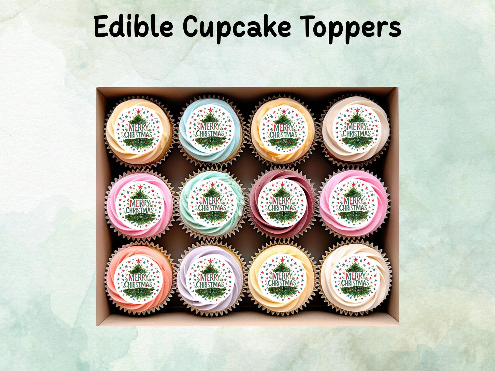 Merry Christmas Edible Cupcake Toppers 12 x 2" – Pre cut Wafer Paper, Card or Icing Sheet, Christmas Cake Topper