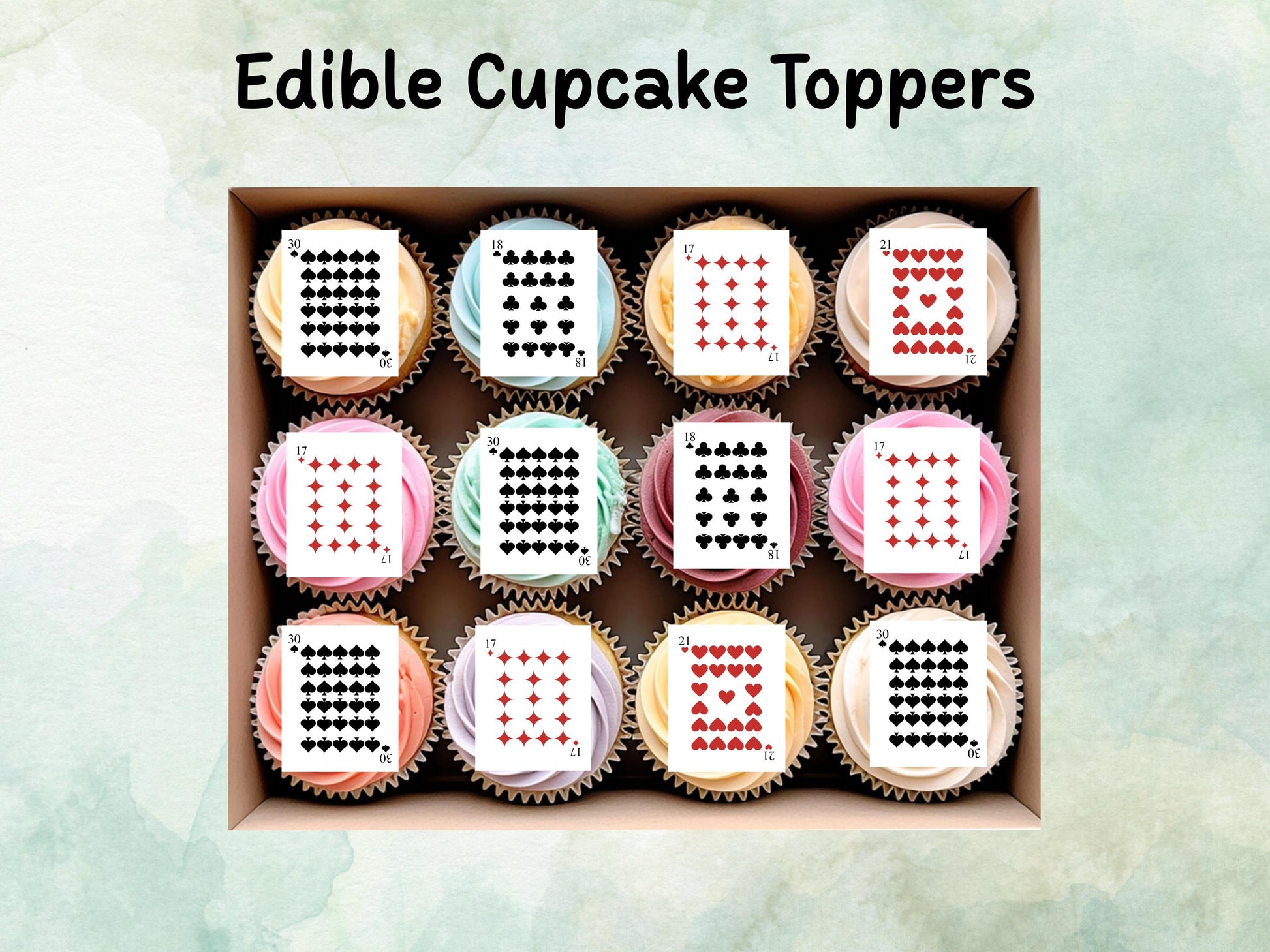 Customisable Playing Card Suit Edible Cupcake Toppers 12 x 2" – Pre cut Wafer Paper, Card or Icing Sheet