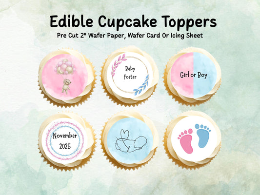 Personalised Pink & Blue Baby Gender Reveal Edible Cupcake Toppers 12 x 2" – Pre cut Wafer Paper, Card or Icing Sheet