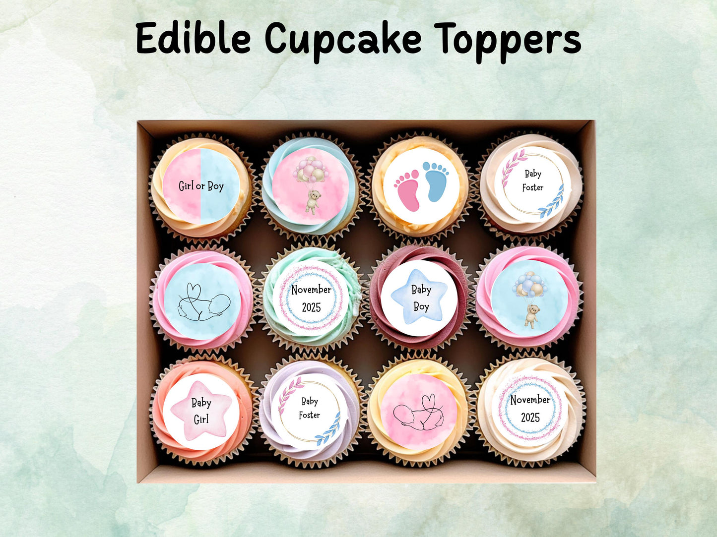 Personalised Pink & Blue Baby Gender Reveal Edible Cupcake Toppers 12 x 2" – Pre cut Wafer Paper, Card or Icing Sheet