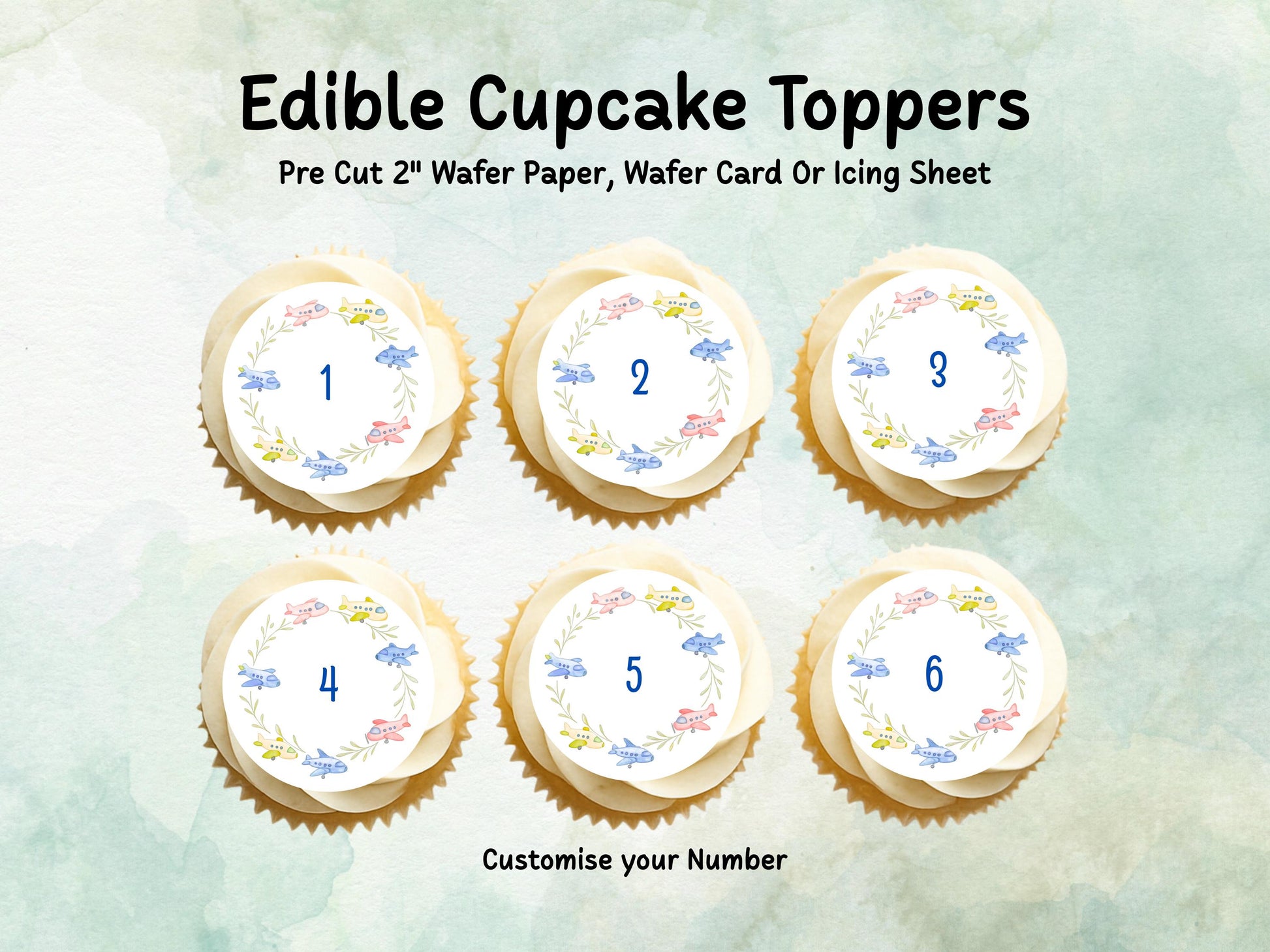 Customisable Airplane Age Edible Birthday Cupcake Toppers 12 x 2" – Pre cut Wafer Paper, Card or Icing Sheet