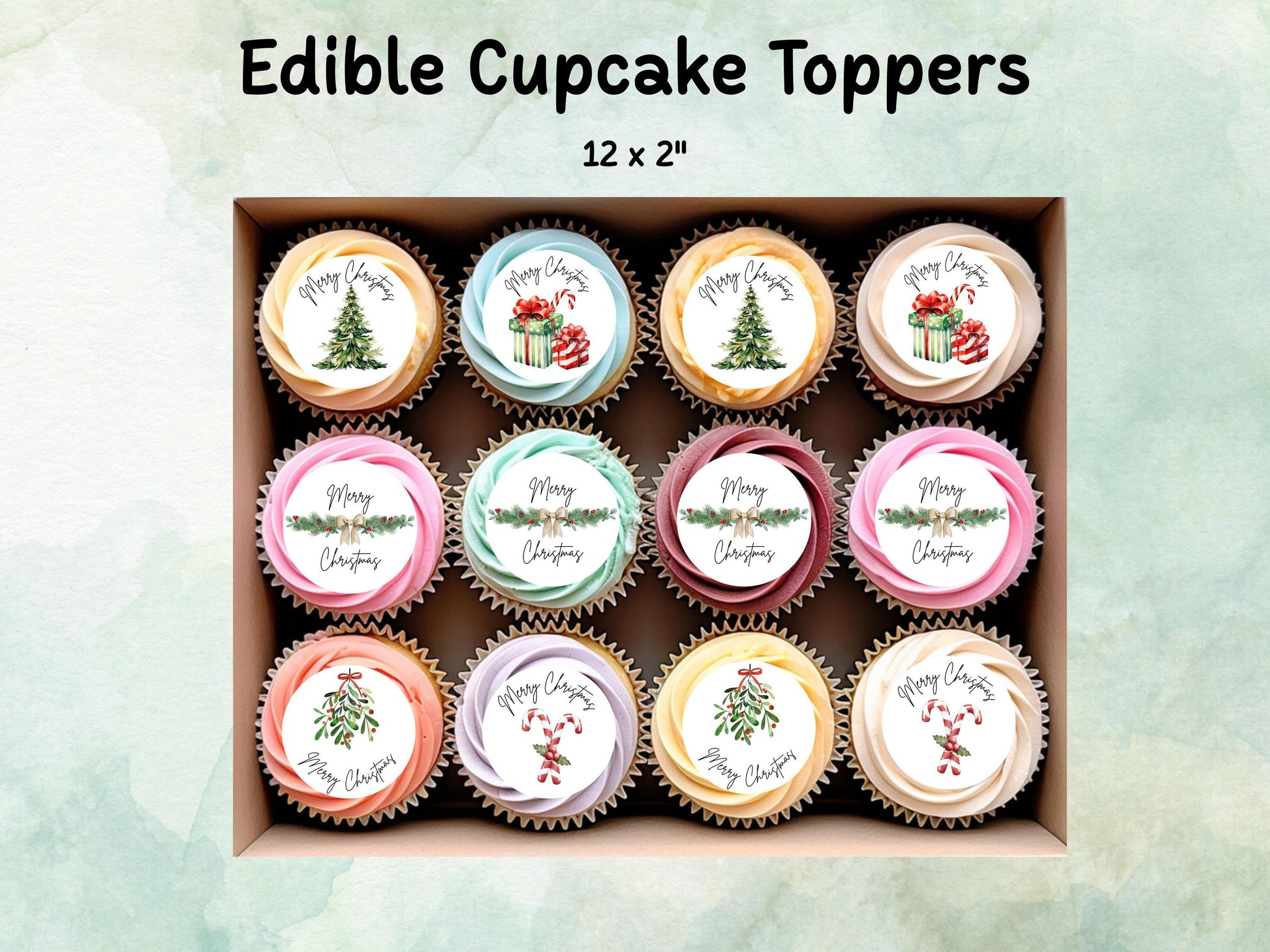 Merry Christmas Edible Cupcake Toppers 12 x 2" – Pre cut Wafer Paper, Card or Icing Sheet, Christmas Cake Topper