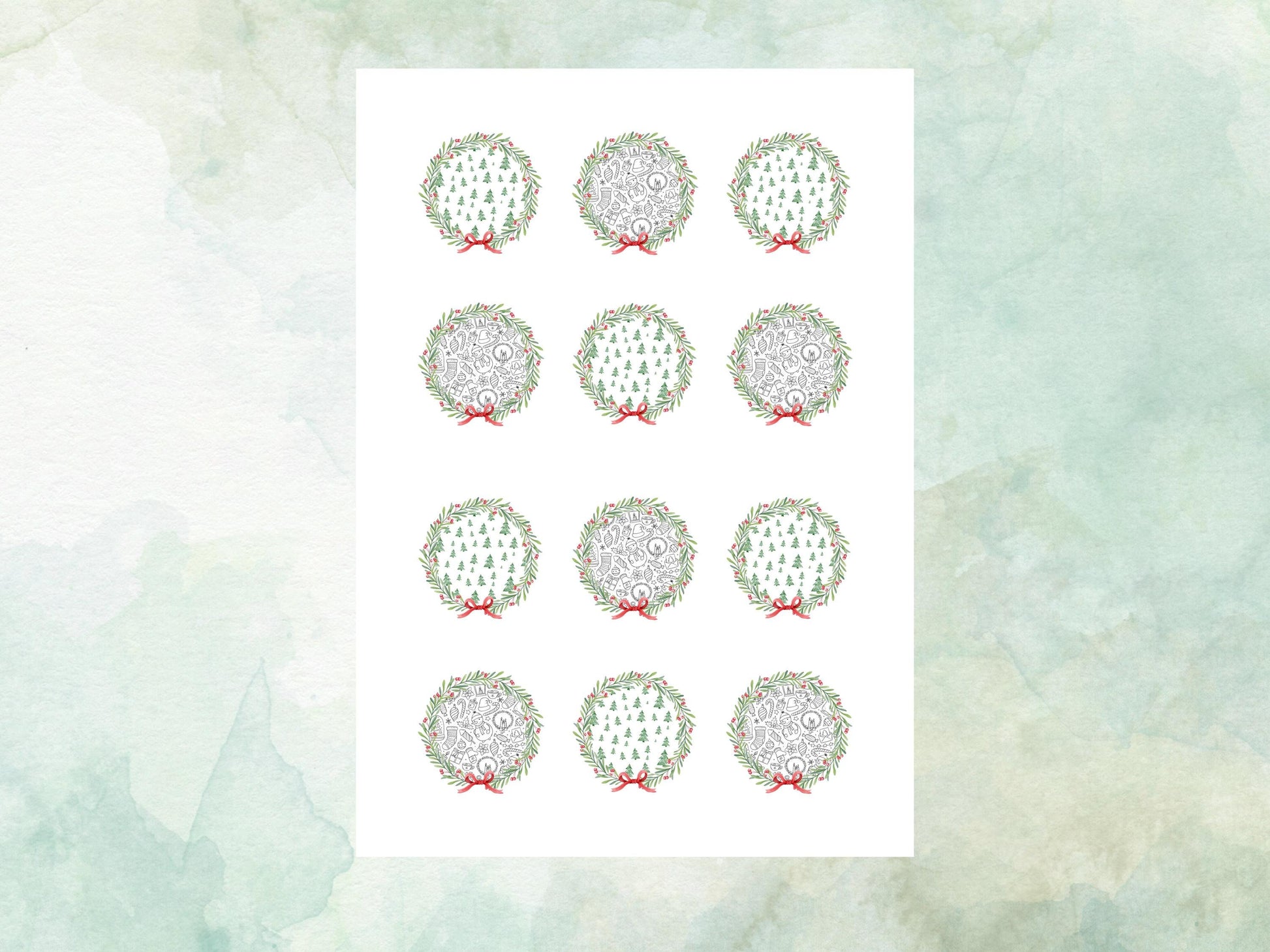 Christmas Wreath Edible Cupcake Toppers 12 x 2" – Pre cut Wafer Paper, Card or Icing Sheet