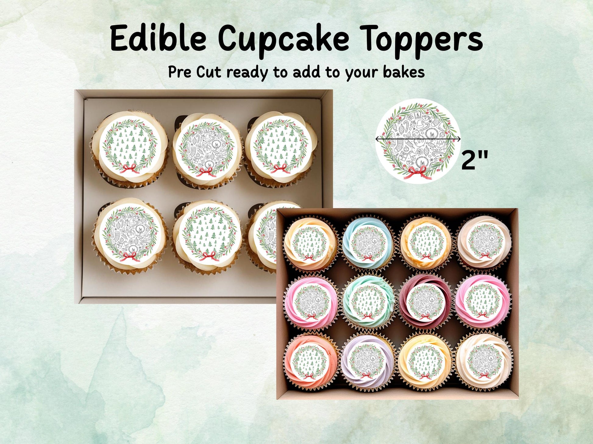 Christmas Wreath Edible Cupcake Toppers 12 x 2" – Pre cut Wafer Paper, Card or Icing Sheet