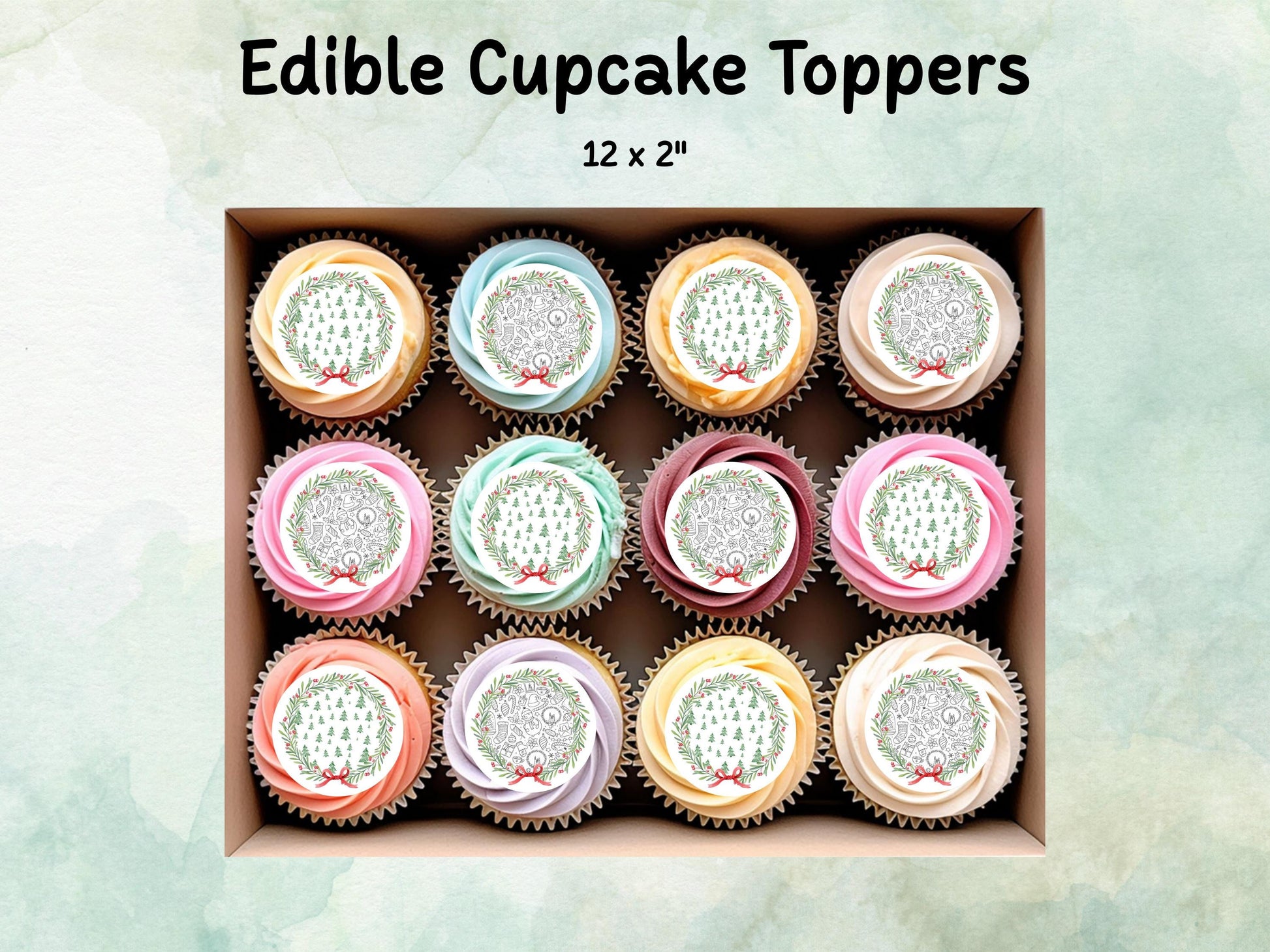 Christmas Wreath Edible Cupcake Toppers 12 x 2" – Pre cut Wafer Paper, Card or Icing Sheet