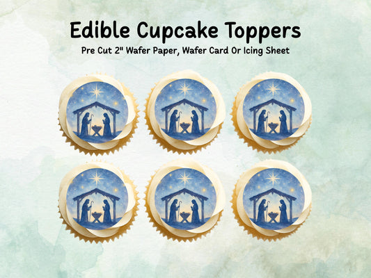 Christmas Nativity Edible Cupcake Toppers 12 x 2" – Pre cut Wafer Paper, Card or Icing Sheet