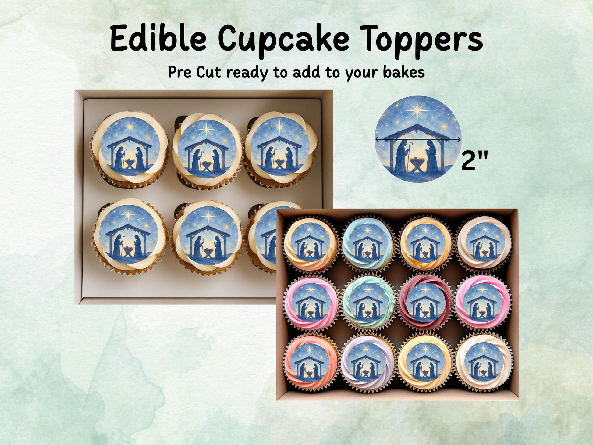 Christmas Nativity Edible Cupcake Toppers 12 x 2" – Pre cut Wafer Paper, Card or Icing Sheet