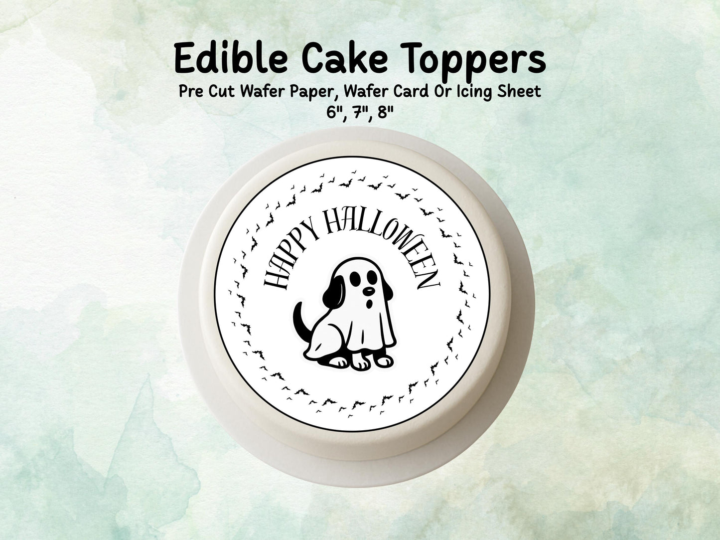 Ghost Dog Edible Cake Topper– 6", 7" or 8" Pre cut Wafer Paper, Card or Icing Sheet, Dog Ghost Halloween Edible Cake Decoration
