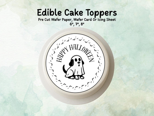 Ghost Dog Edible Cake Topper– 6", 7" or 8" Pre cut Wafer Paper, Card or Icing Sheet, Dog Ghost Halloween Edible Cake Decoration
