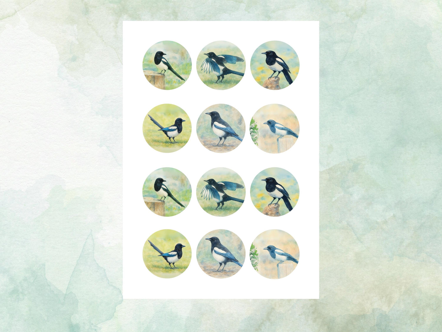 Magpie Edible Cupcake Toppers 12 x 2"– Pre cut Wafer Paper, Card or Icing Sheet
