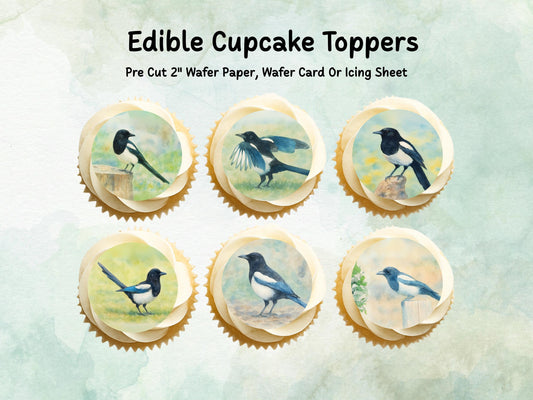 Magpie Edible Cupcake Toppers 12 x 2"– Pre cut Wafer Paper, Card or Icing Sheet
