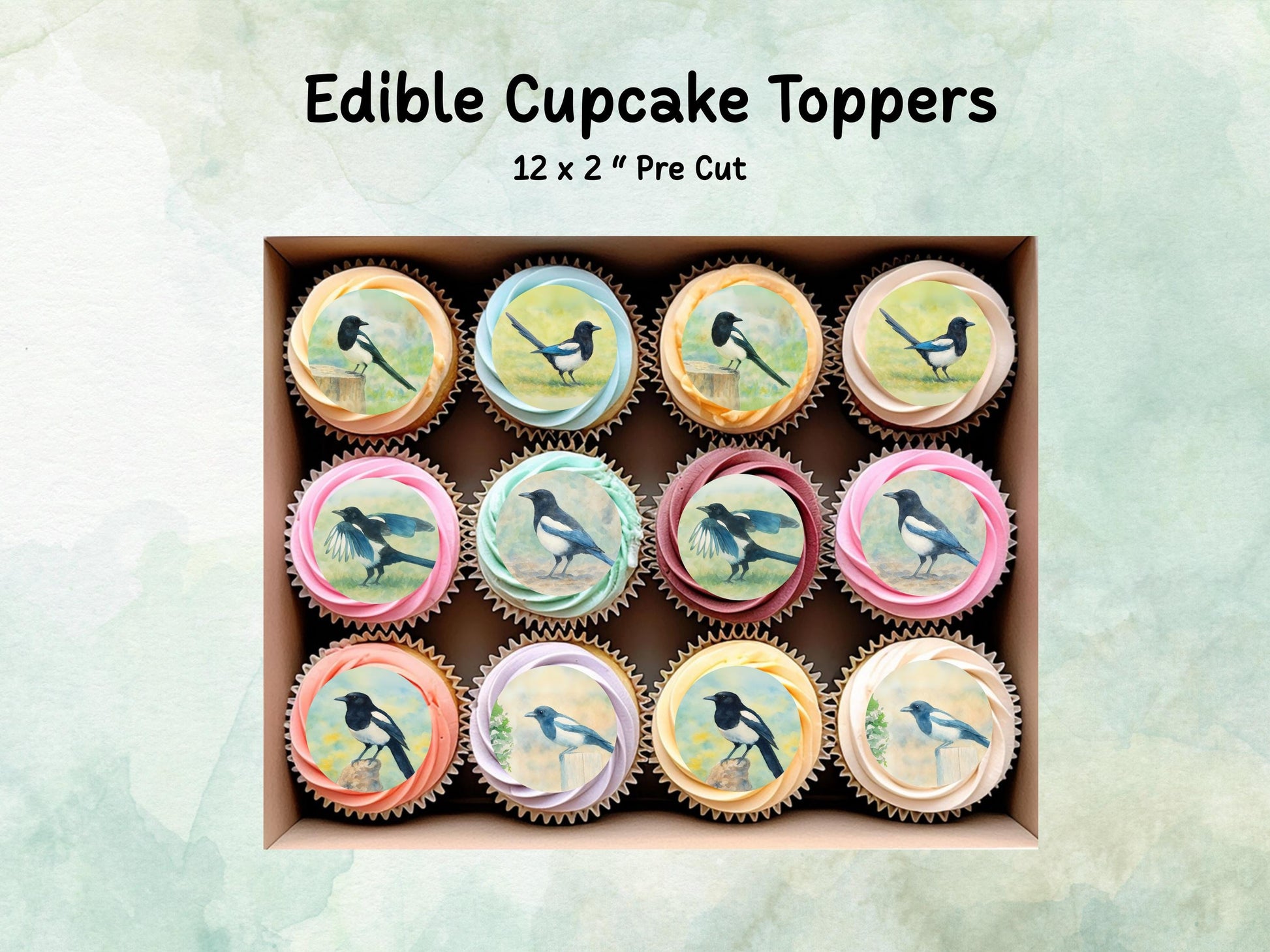 Magpie Edible Cupcake Toppers 12 x 2"– Pre cut Wafer Paper, Card or Icing Sheet