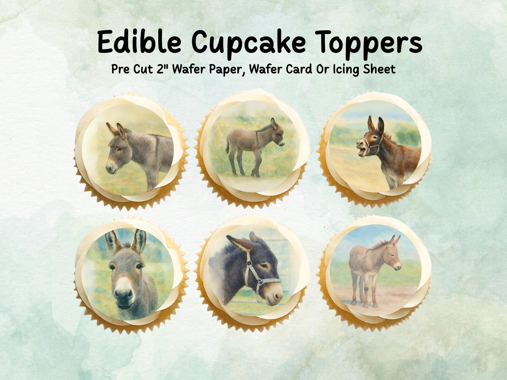 Donkey Edible Cupcake Toppers 12 x 2"– Pre cut Wafer Paper, Card or Icing Sheet