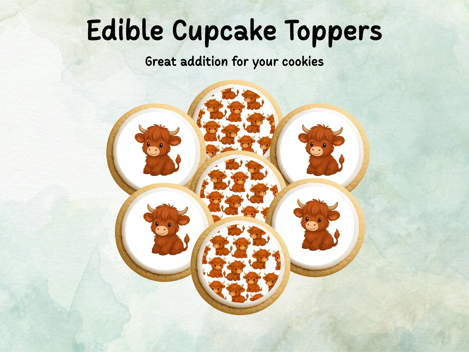 Highland Cow Edible Cupcake Cookie Toppers 12 x 2"– Pre cut Wafer Paper, Card or Icing Sheet