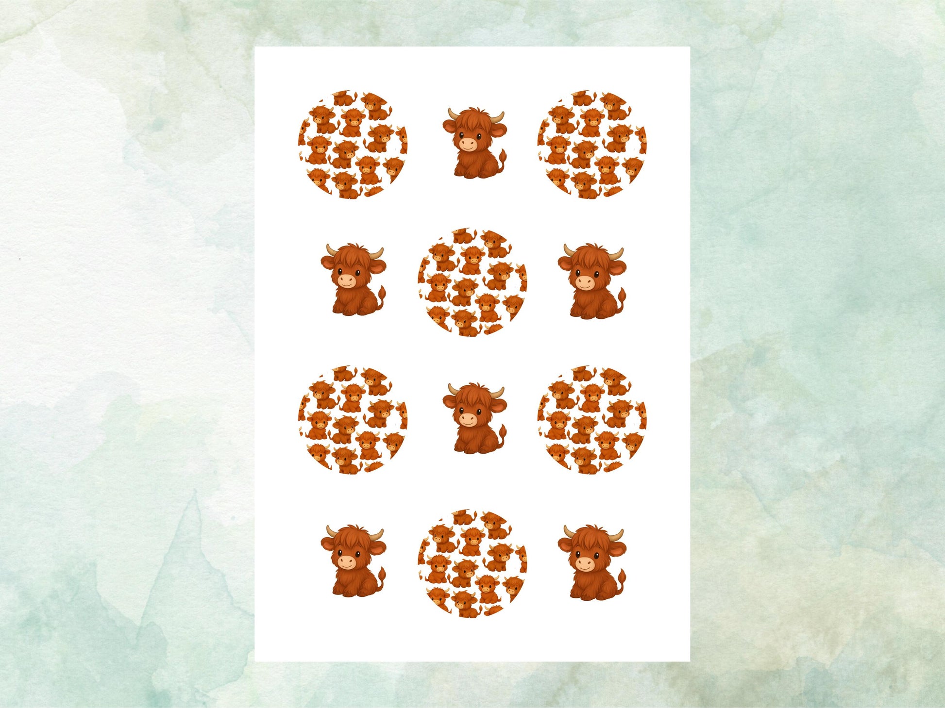 Highland Cow Edible Cupcake Cookie Toppers 12 x 2"– Pre cut Wafer Paper, Card or Icing Sheet