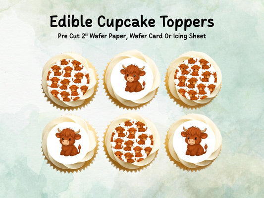 Highland Cow Edible Cupcake Cookie Toppers 12 x 2"– Pre cut Wafer Paper, Card or Icing Sheet
