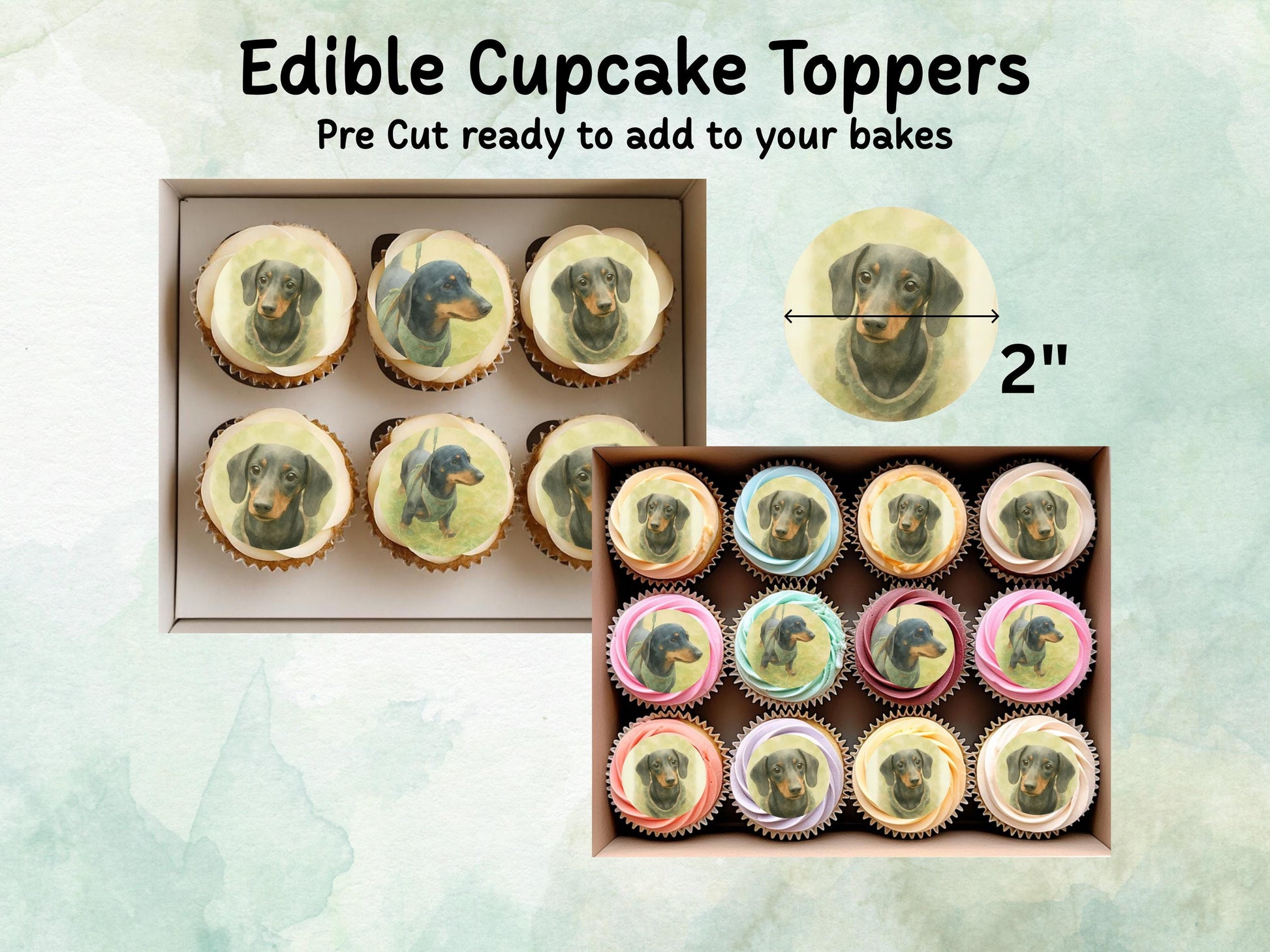 Dachshund Edible Cupcake Toppers 12 x 2"– Pre cut Wafer Paper, Card or Icing Sheet