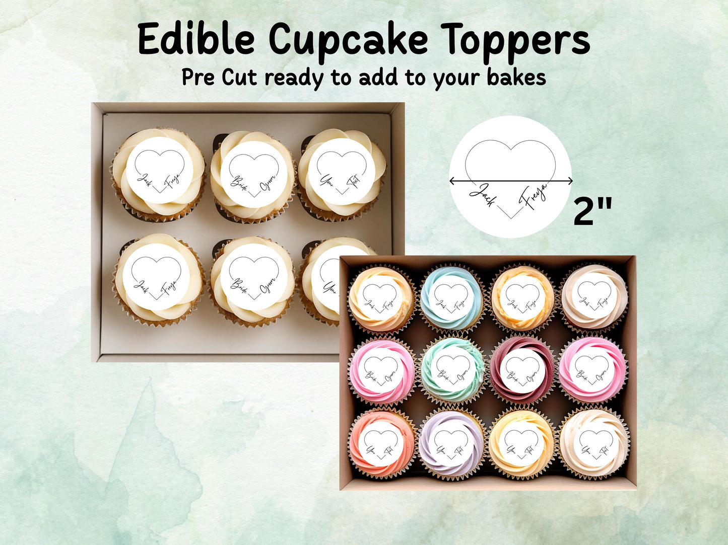 Personalised Heart Edible Cupcake Toppers 12 x 2" Pre cut Wafer Paper, Card or Icing Sheet