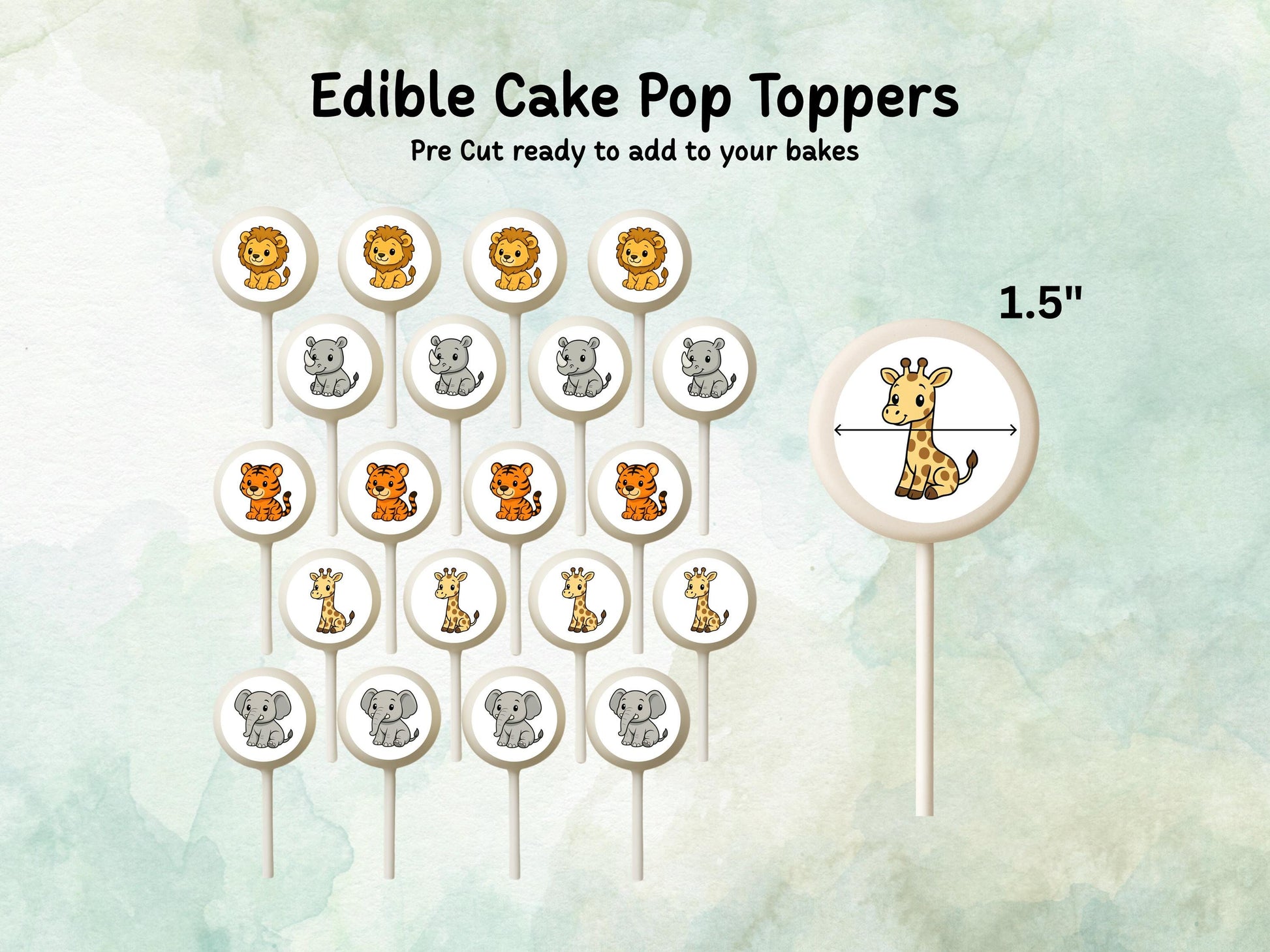 Zoo Animal Edible Cake Pop Toppers: 20 x 1.5" Wafer Paper or Wafer Card
