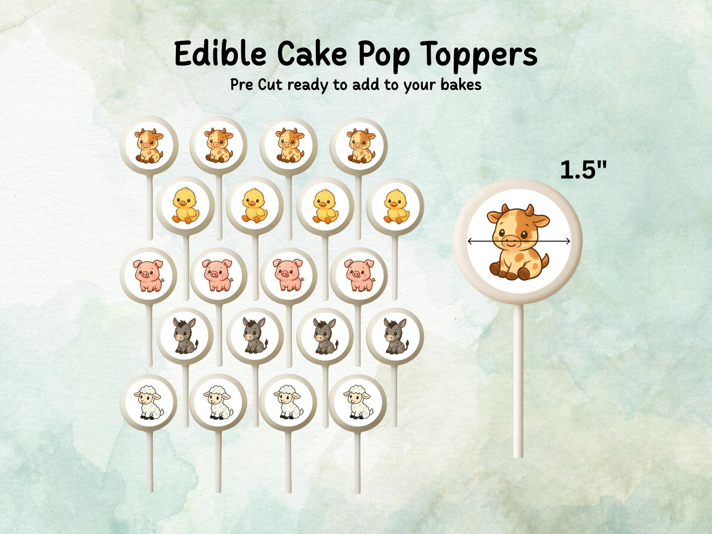 Farm Animal Edible Cake Pop Toppers: 20 x 1.5" Wafer Paper or Wafer Card