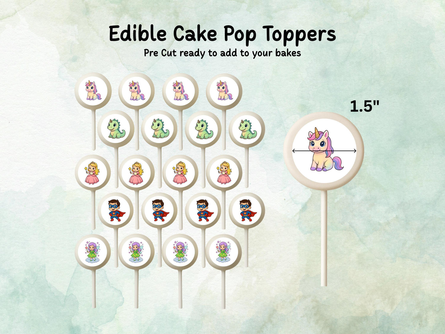 Unicorn, Dinosaur, Princess and Superhero Edible Cake Pop Toppers: 20 x 1.5" Wafer Paper or Wafer Card