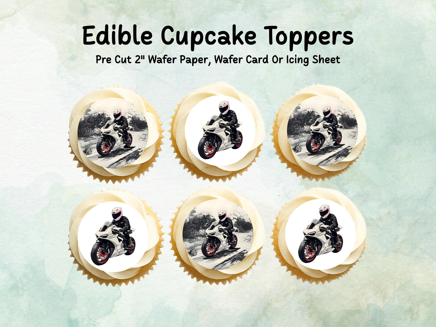 Motorbike Edible Birthday Cupcake Toppers 12 x 2" – Pre cut Wafer Paper, Card or Icing Sheet