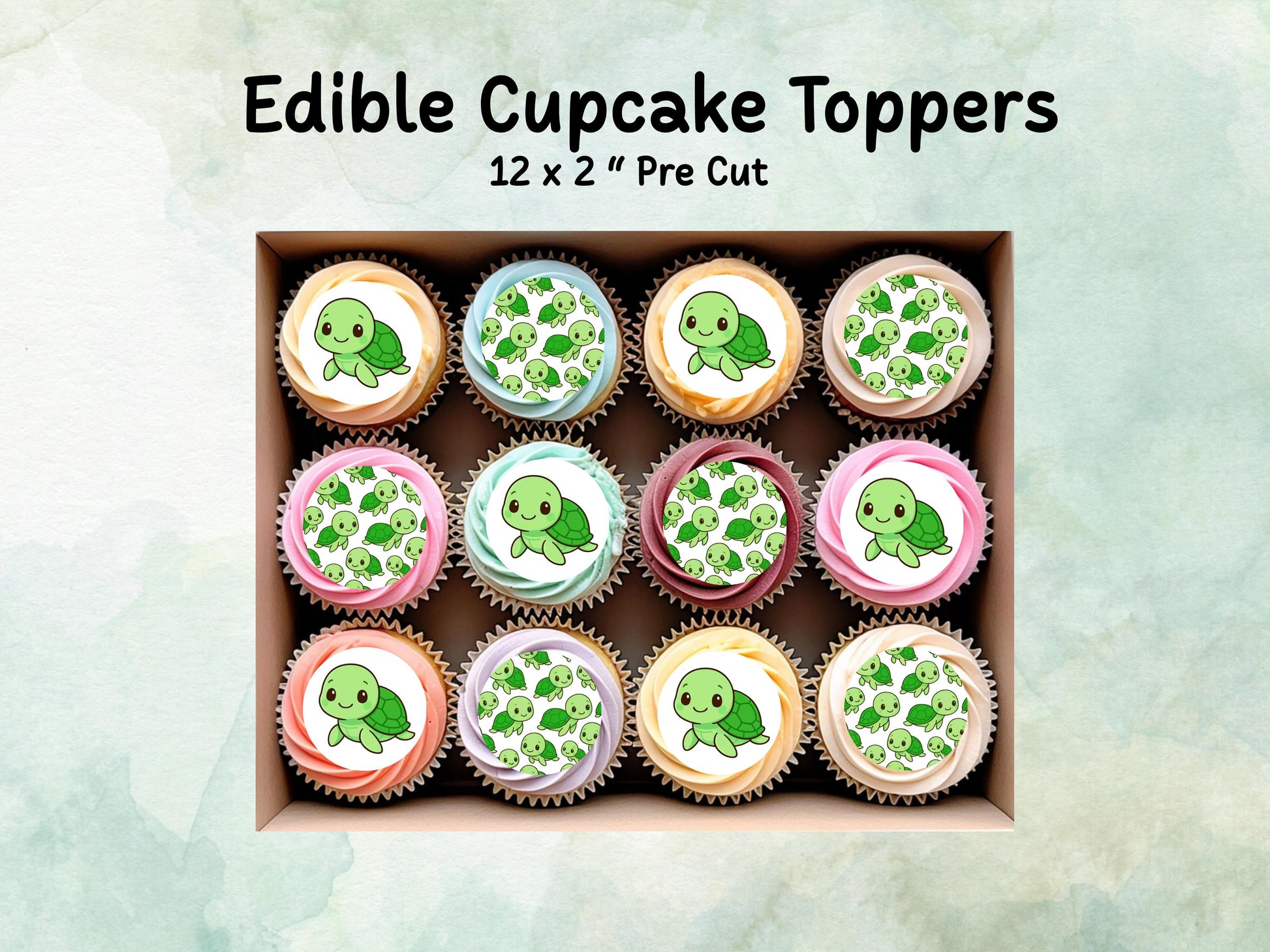 Cute Turtle Edible Birthday Cupcake Toppers 12 x 2"– Pre cut Wafer Paper, Card or Icing Sheet