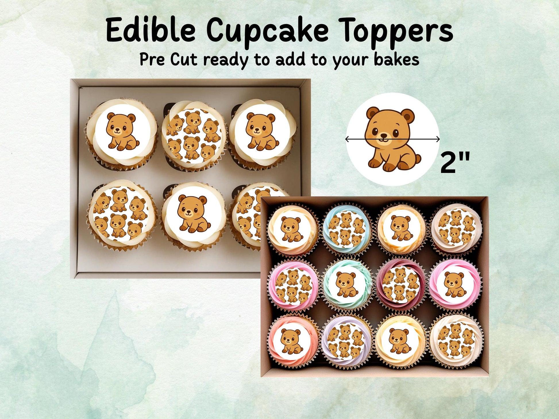 Cute Bear Edible Cupcake Toppers 12 x 2"– Pre cut Wafer Paper, Card or Icing Sheet