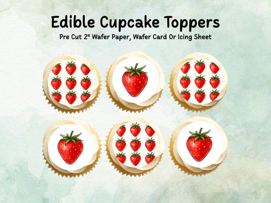 Strawberry Edible Cupcake Toppers – 12 x 2" Pre cut Wafer Paper, Card or Icing Sheet