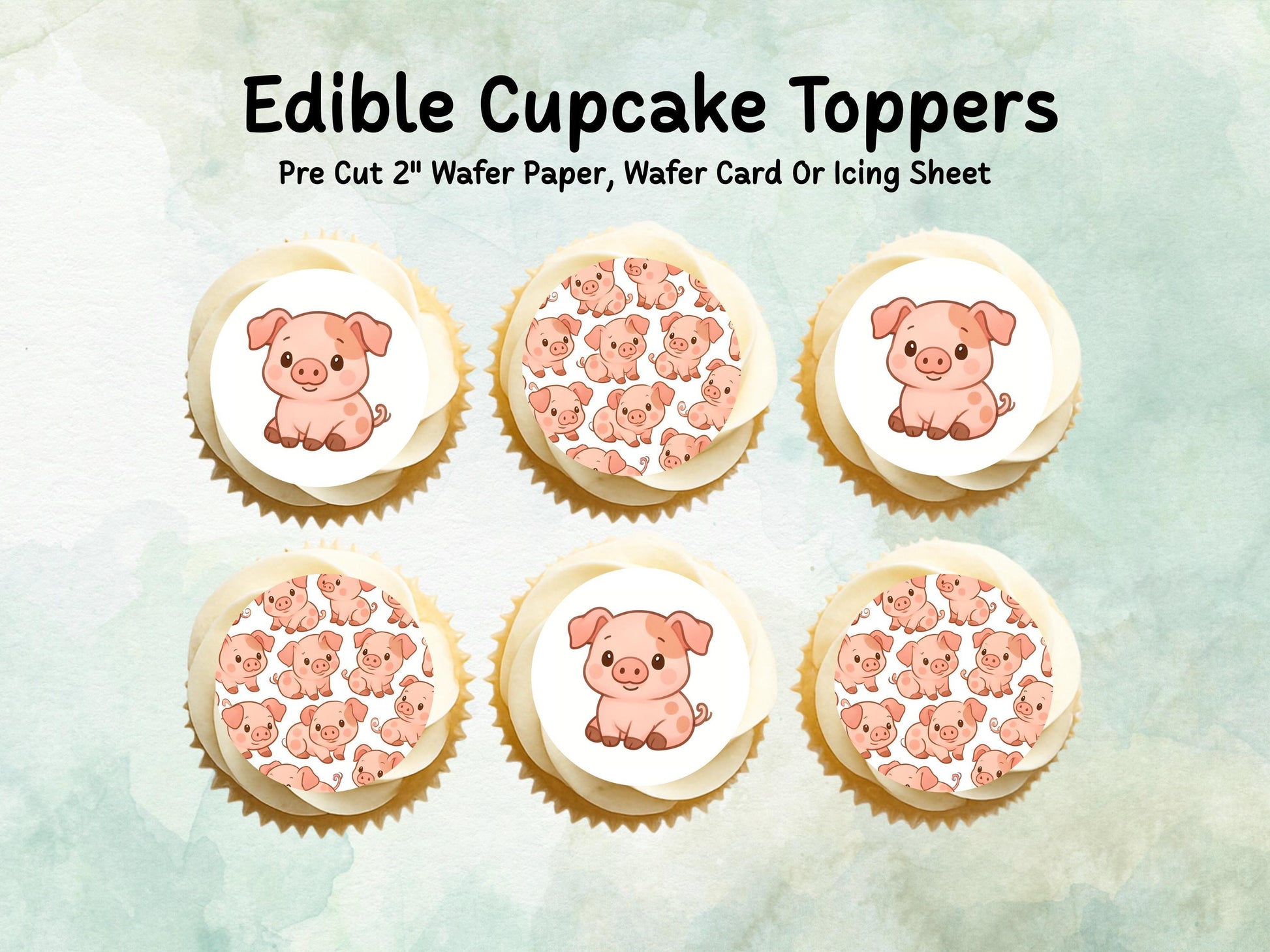 Cute Pig Edible Birthday Cupcake Toppers 12 x 2"– Pre cut Wafer Paper, Card or Icing Sheet