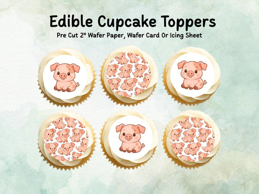 Cute Pig Edible Birthday Cupcake Toppers 12 x 2"– Pre cut Wafer Paper, Card or Icing Sheet