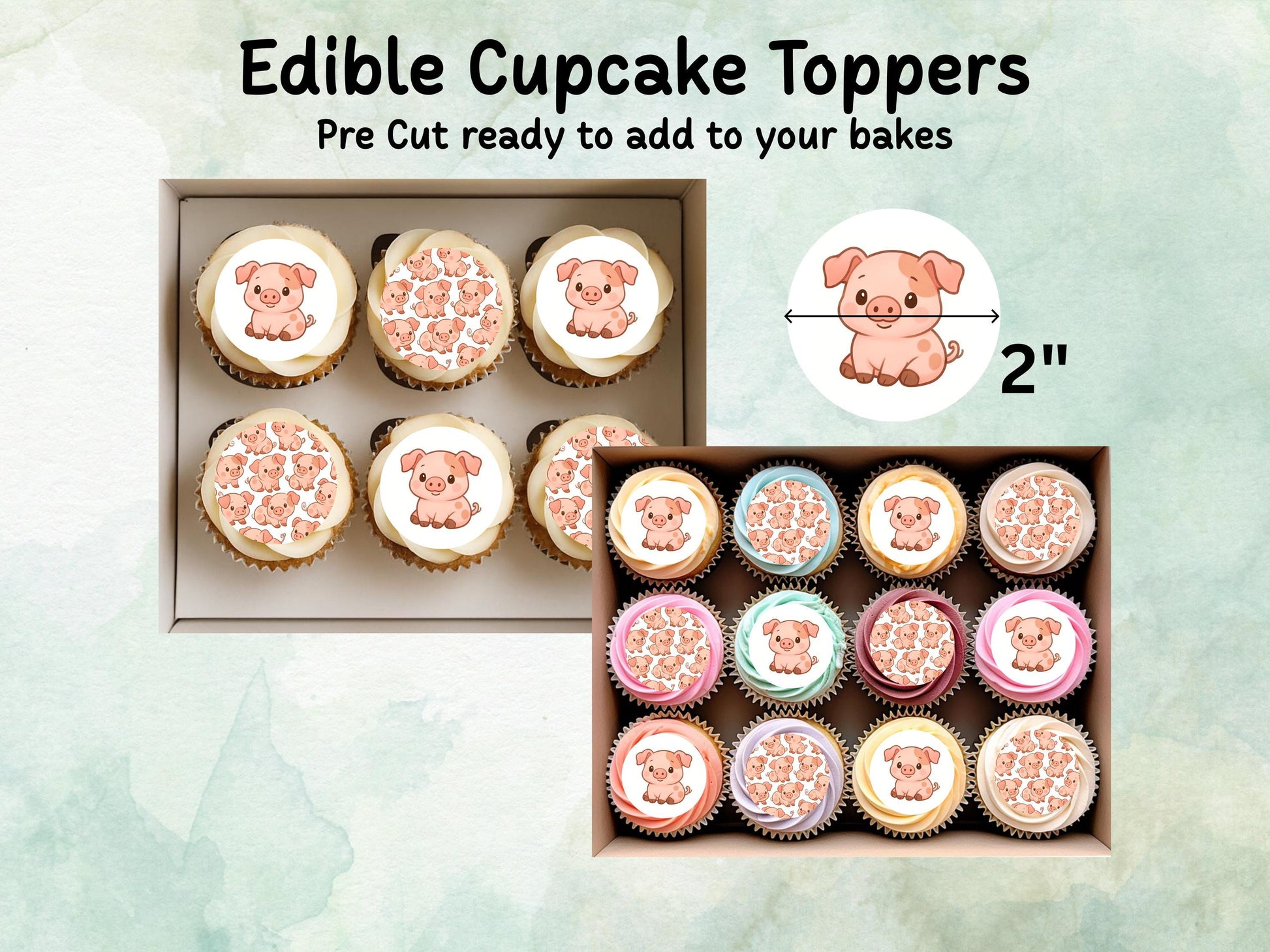 Cute Pig Edible Birthday Cupcake Toppers 12 x 2"– Pre cut Wafer Paper, Card or Icing Sheet