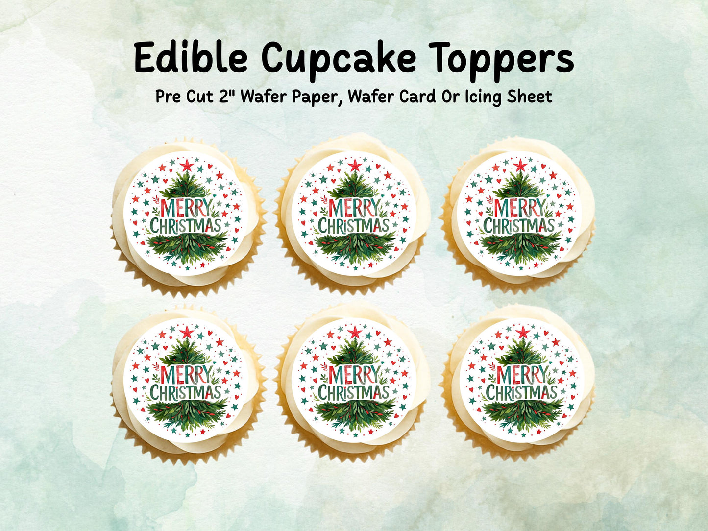 Merry Christmas Edible Cupcake Toppers 12 x 2" – Pre cut Wafer Paper, Card or Icing Sheet, Christmas Cake Topper