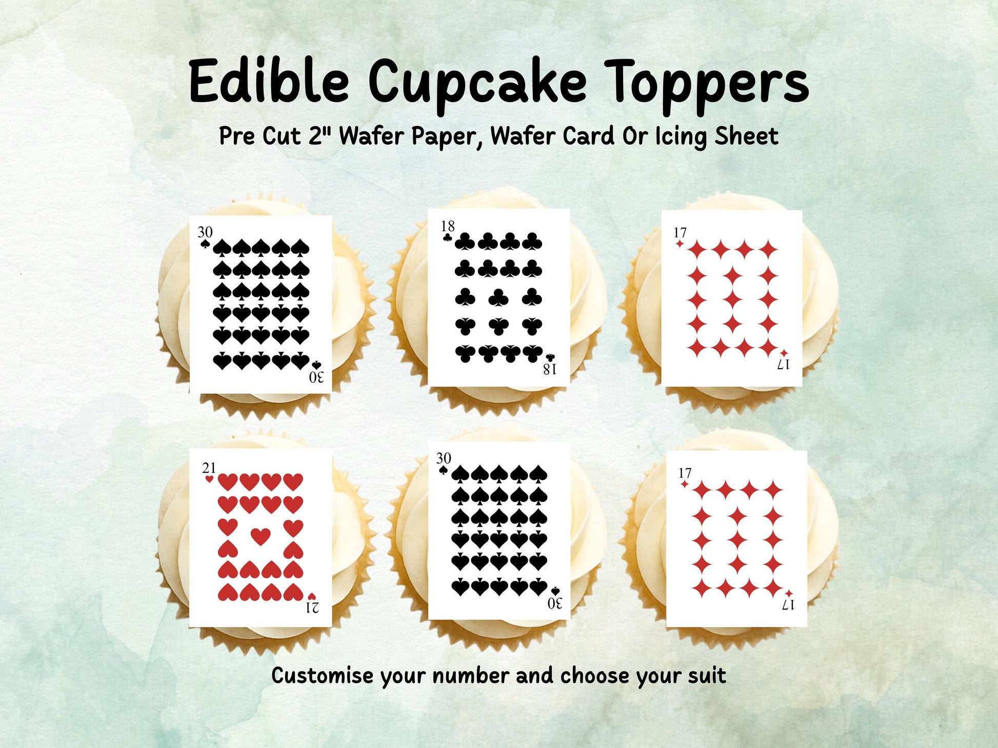 Customisable Playing Card Suit Edible Cupcake Toppers 12 x 2" – Pre cut Wafer Paper, Card or Icing Sheet