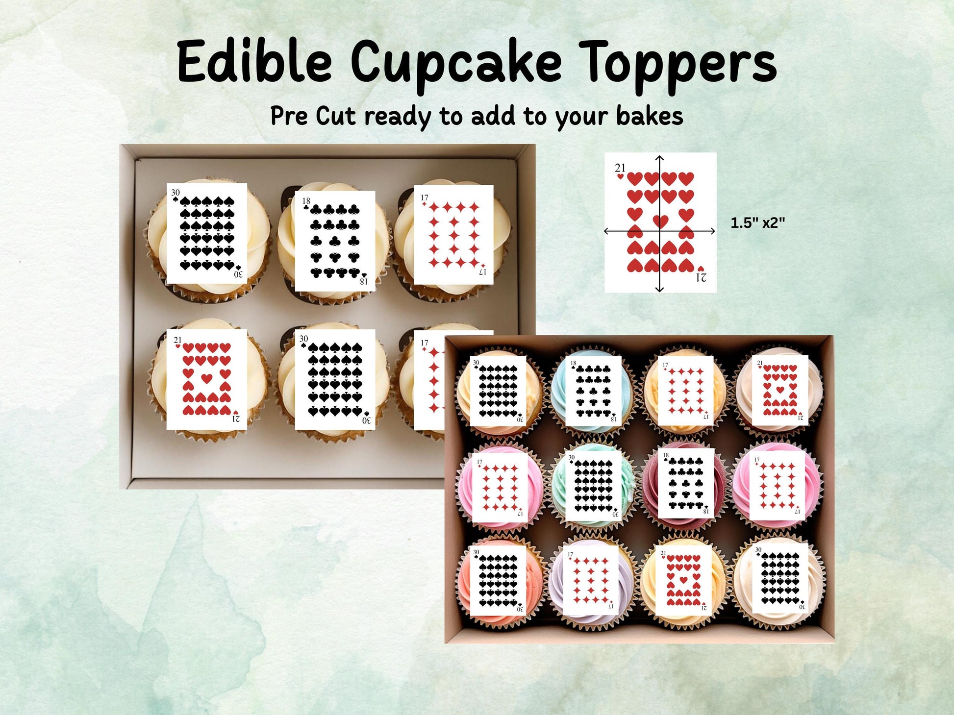 Customisable Playing Card Suit Edible Cupcake Toppers 12 x 2" – Pre cut Wafer Paper, Card or Icing Sheet