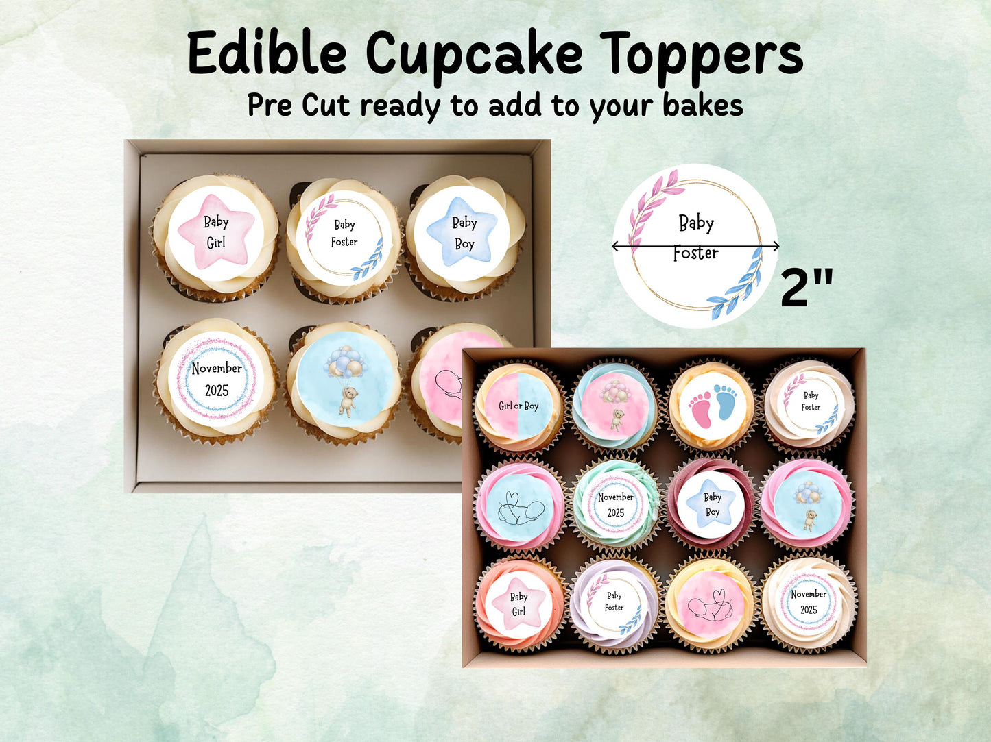 Personalised Pink & Blue Baby Gender Reveal Edible Cupcake Toppers 12 x 2" – Pre cut Wafer Paper, Card or Icing Sheet