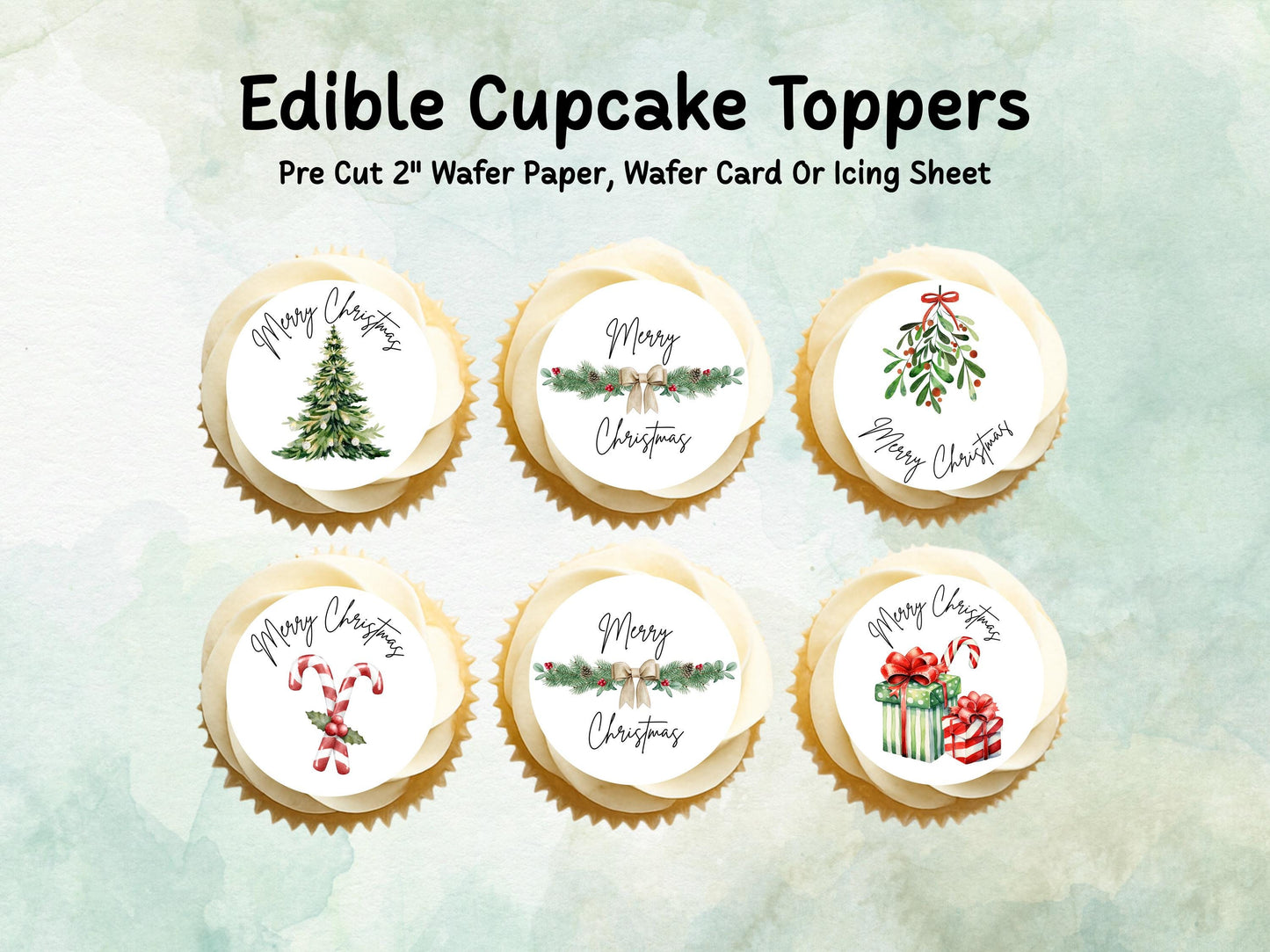 Merry Christmas Edible Cupcake Toppers 12 x 2" – Pre cut Wafer Paper, Card or Icing Sheet, Christmas Cake Topper