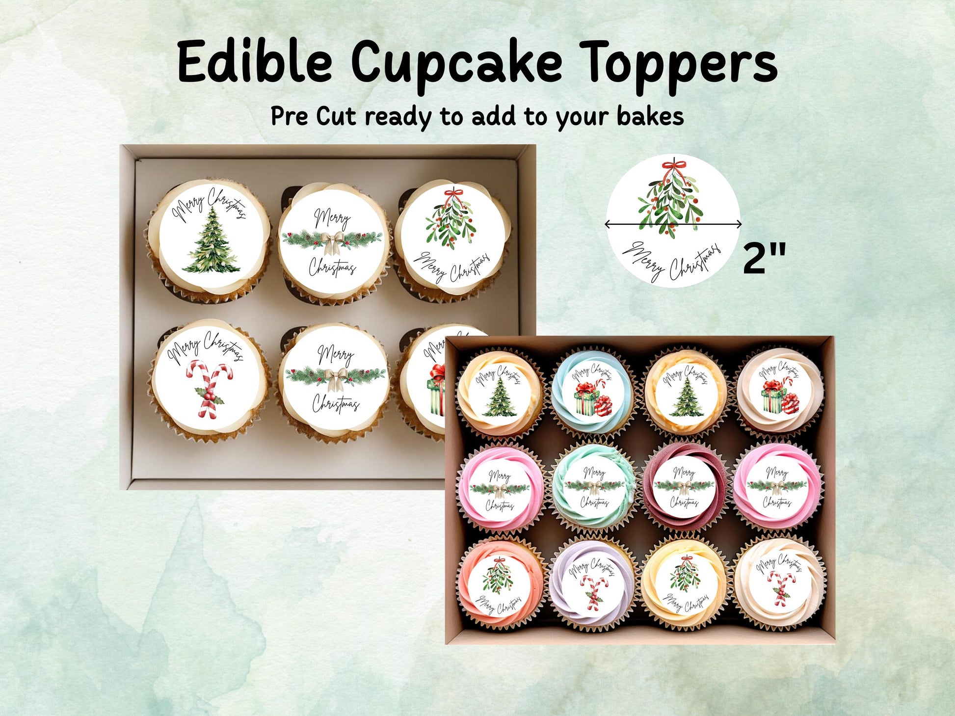 Merry Christmas Edible Cupcake Toppers 12 x 2" – Pre cut Wafer Paper, Card or Icing Sheet, Christmas Cake Topper
