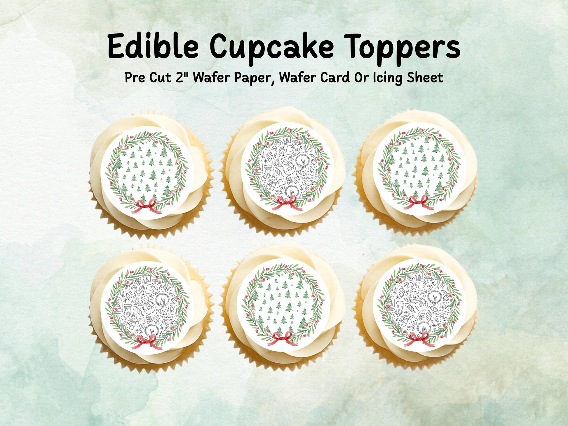 Christmas Wreath Edible Cupcake Toppers 12 x 2" – Pre cut Wafer Paper, Card or Icing Sheet