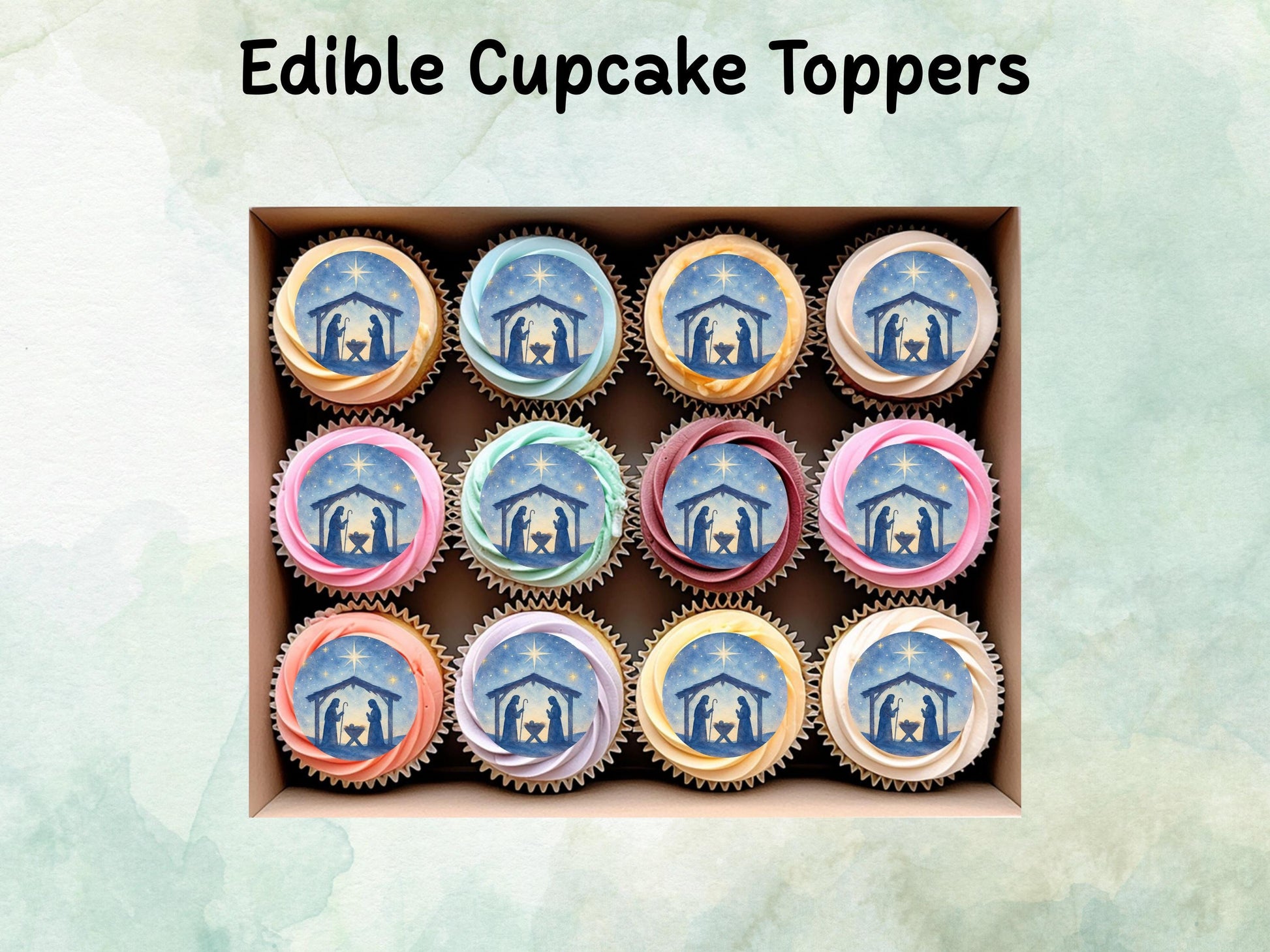 Christmas Nativity Edible Cupcake Toppers 12 x 2" – Pre cut Wafer Paper, Card or Icing Sheet