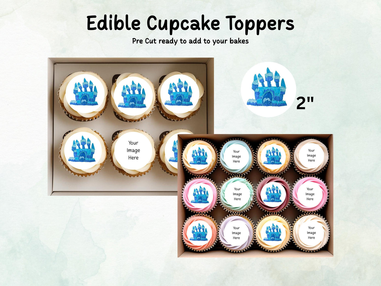 Customisable Edible Cupcake Toppers 12 x 2" Pre cut Wafer Paper, Card or Icing Sheet