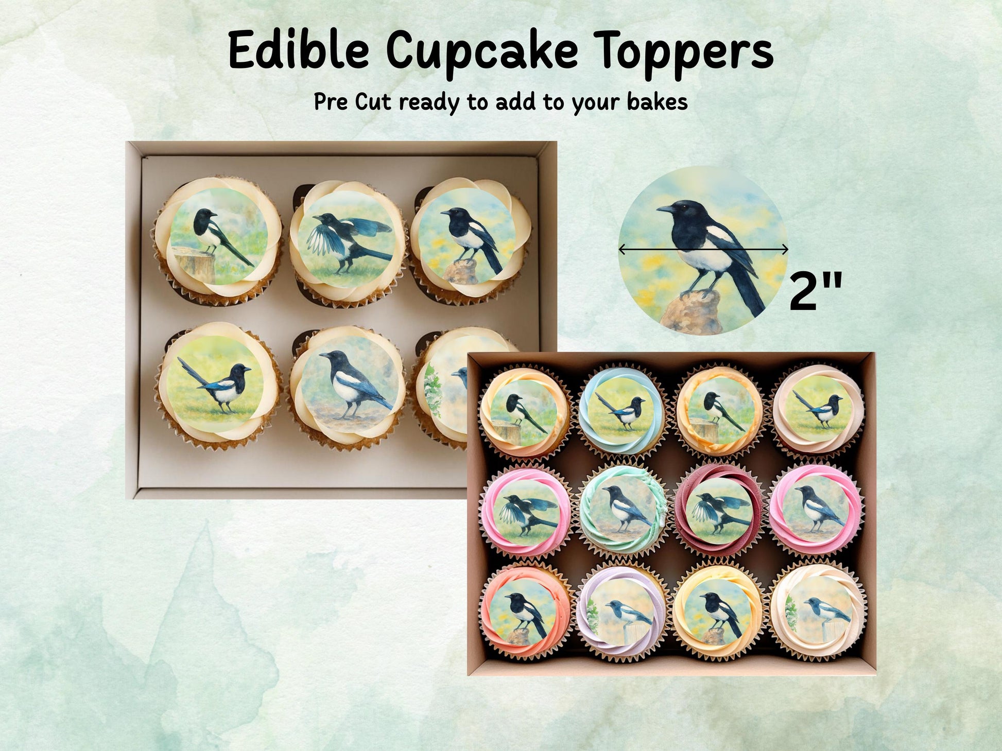 Magpie Edible Cupcake Toppers 12 x 2"– Pre cut Wafer Paper, Card or Icing Sheet