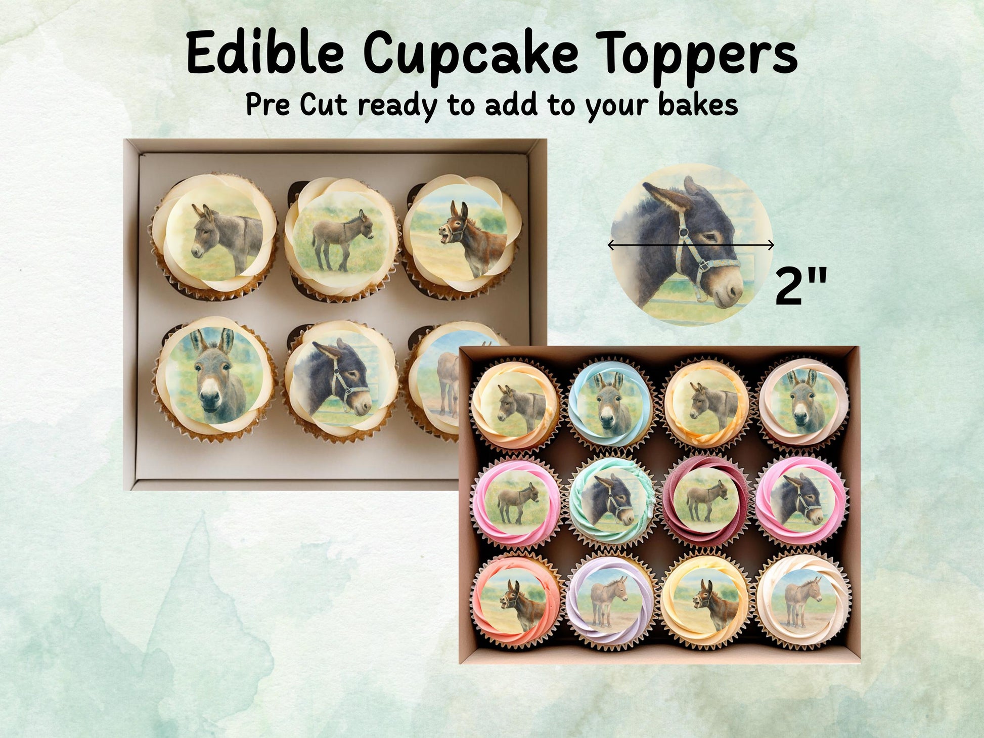 Donkey Edible Cupcake Toppers 12 x 2"– Pre cut Wafer Paper, Card or Icing Sheet