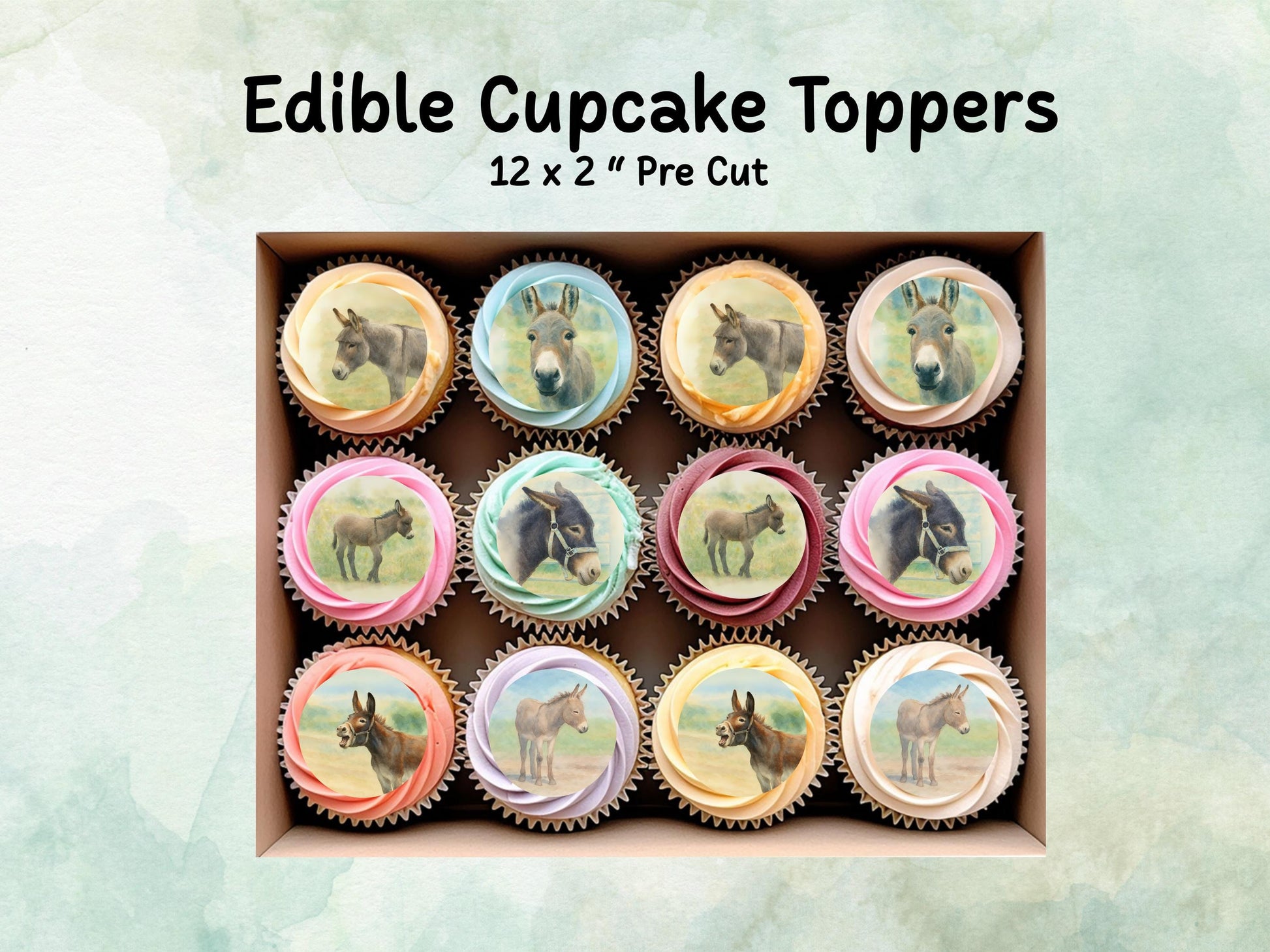 Donkey Edible Cupcake Toppers 12 x 2"– Pre cut Wafer Paper, Card or Icing Sheet