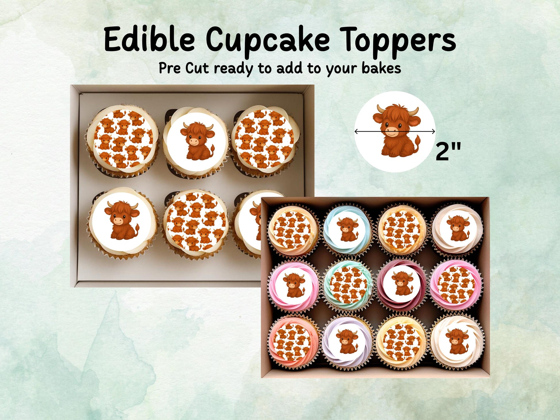 Highland Cow Edible Cupcake Cookie Toppers 12 x 2"– Pre cut Wafer Paper, Card or Icing Sheet