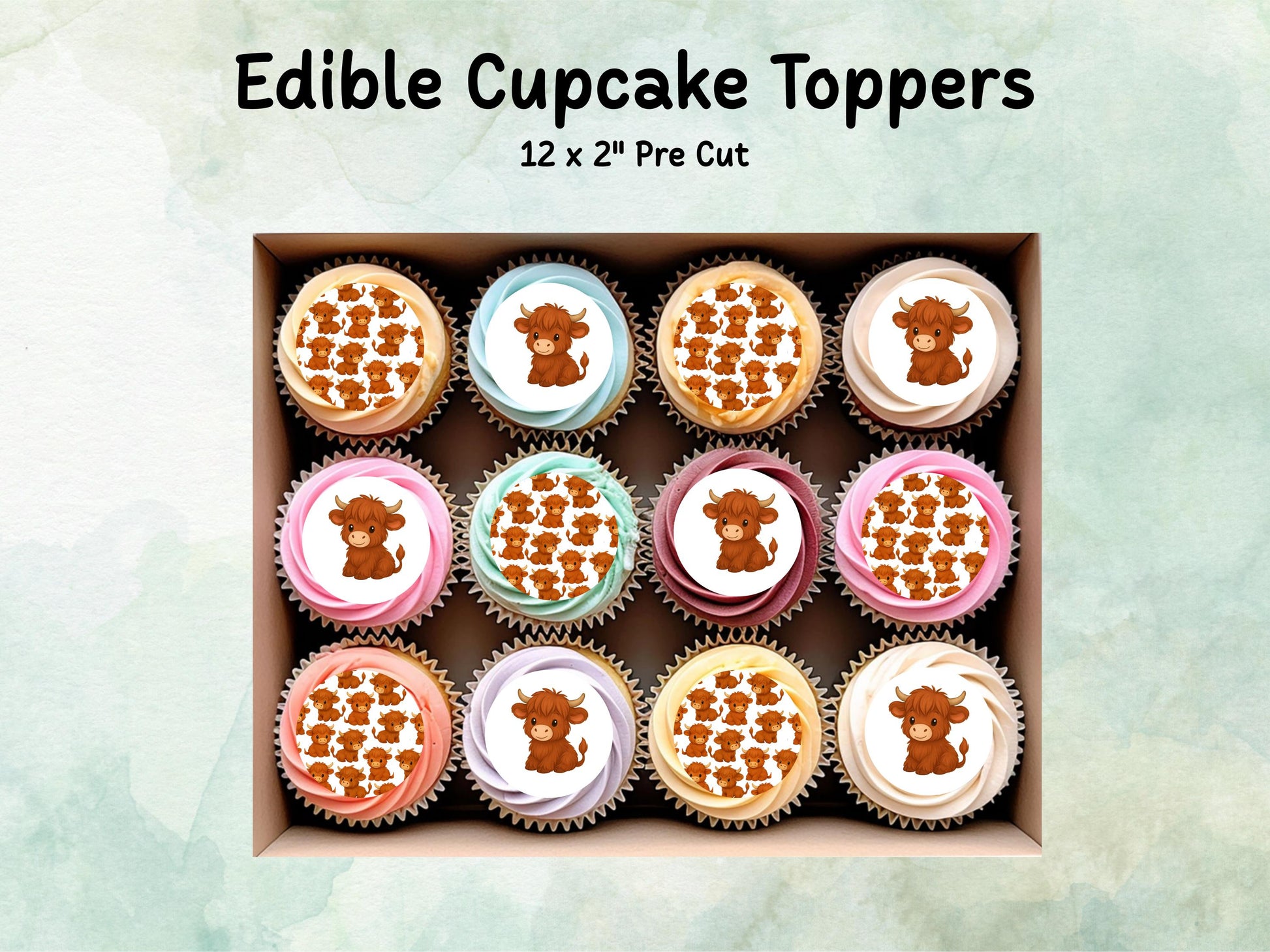 Highland Cow Edible Cupcake Cookie Toppers 12 x 2"– Pre cut Wafer Paper, Card or Icing Sheet