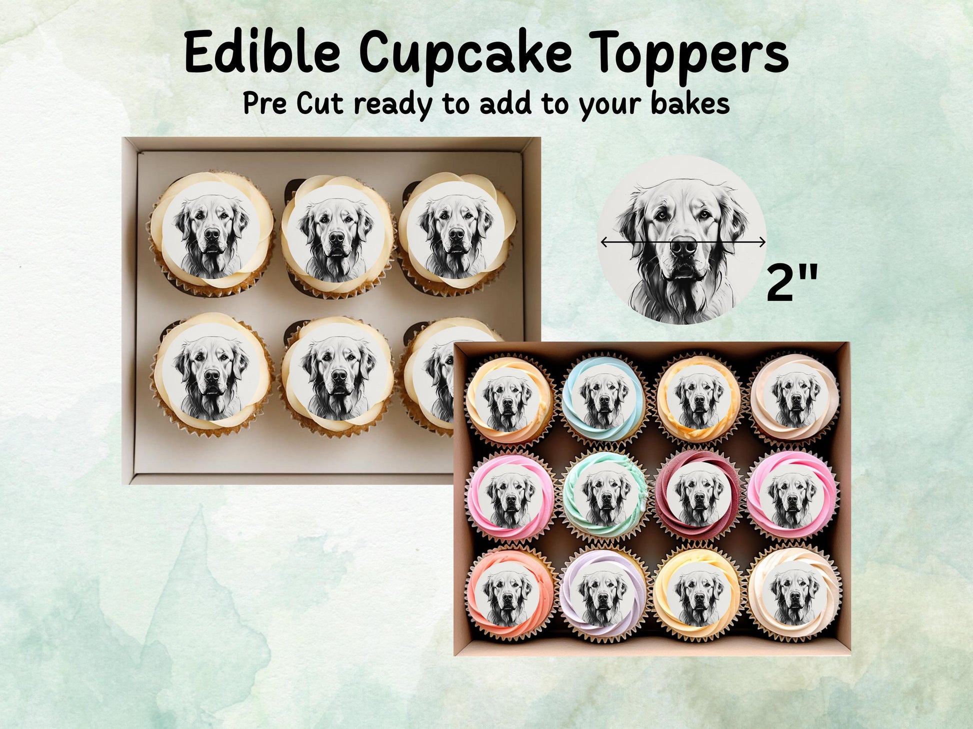 Golden Retriever Edible Cupcake Toppers 12 x 2"– Pre cut Wafer Paper, Card or Icing Sheet